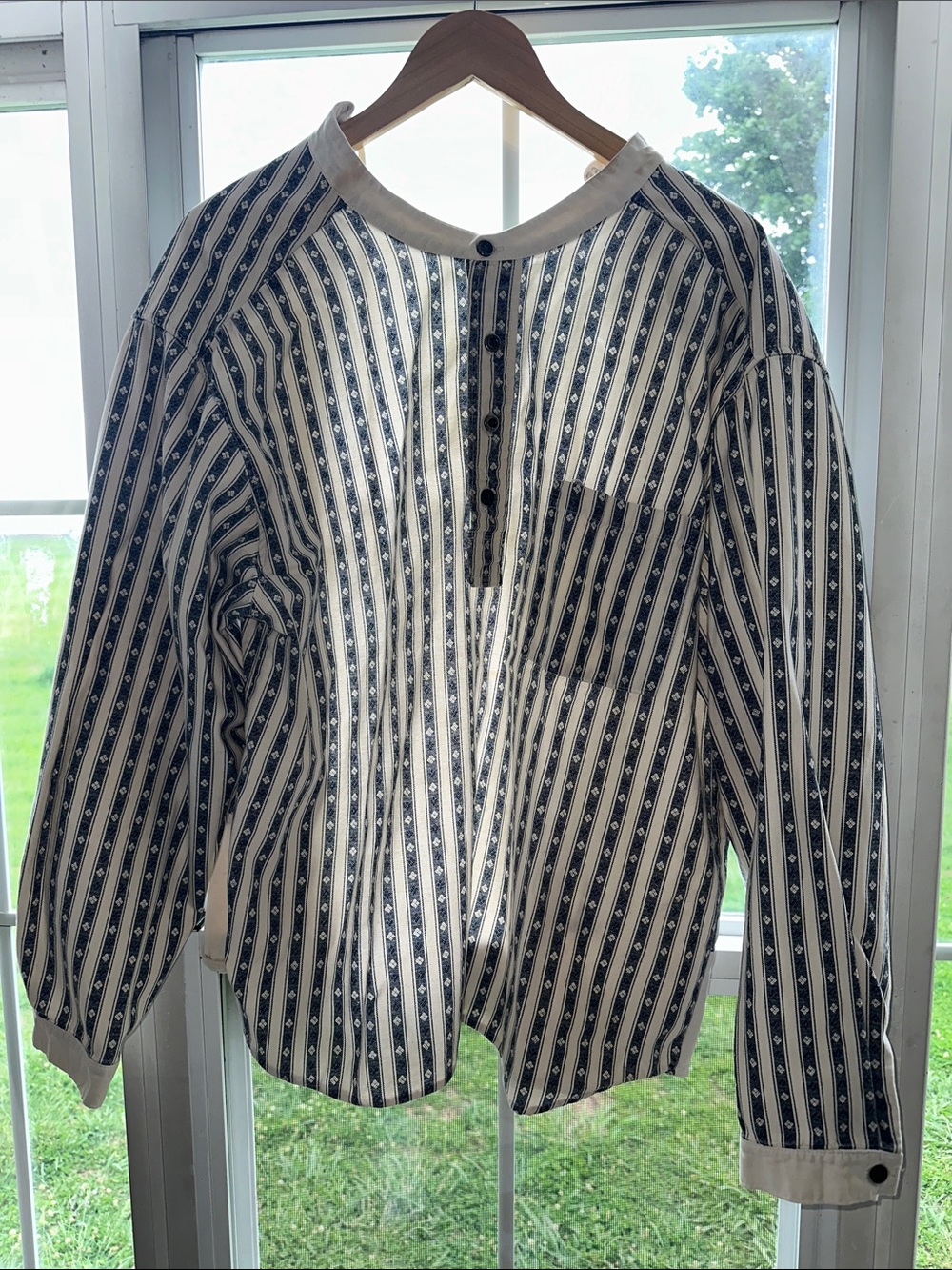 Vintage Blue Stripe Prairie Blouse Button Front Western Cottagecore Top